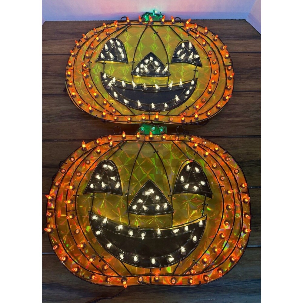 2 Holographic Pumpkin Halloween Decoration 100 Lights Pumpkin Time Vintage Kmart